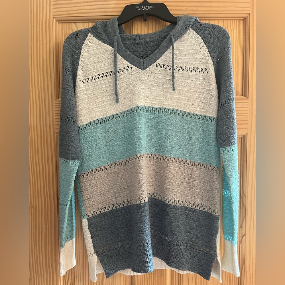Blue, Tan and White Knitted Long‎ Sleeve Hoodie Size Medium